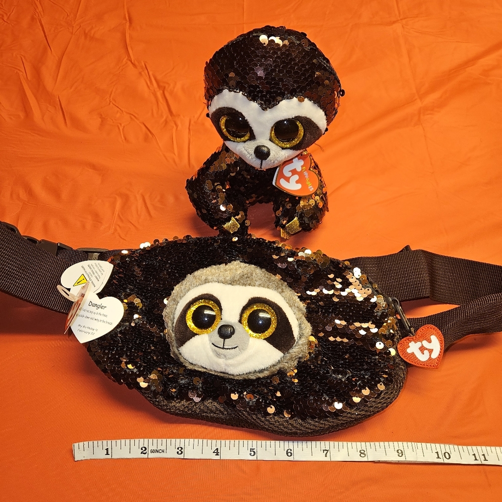 Ty Fashion Sequined Dangler The Sloth Fanny Pack & Matching Beanie Boo NWOT